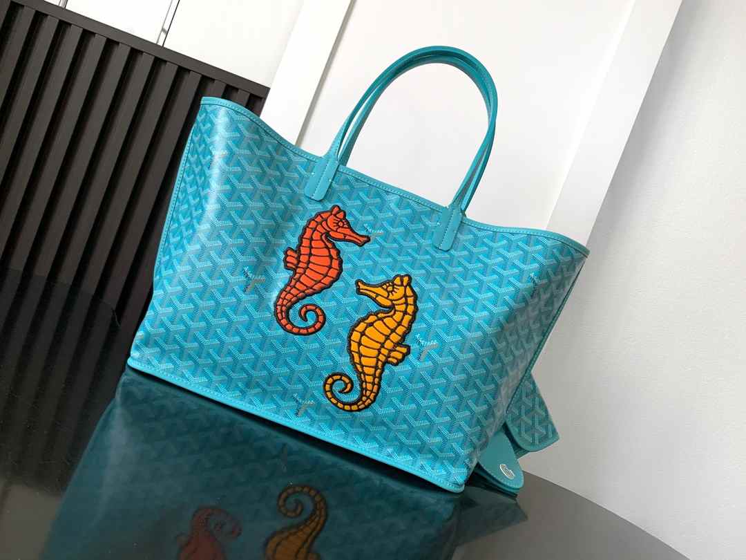 Goyard Anjou PM Tote Bag Goyardine Blue Seahorse Embroidery