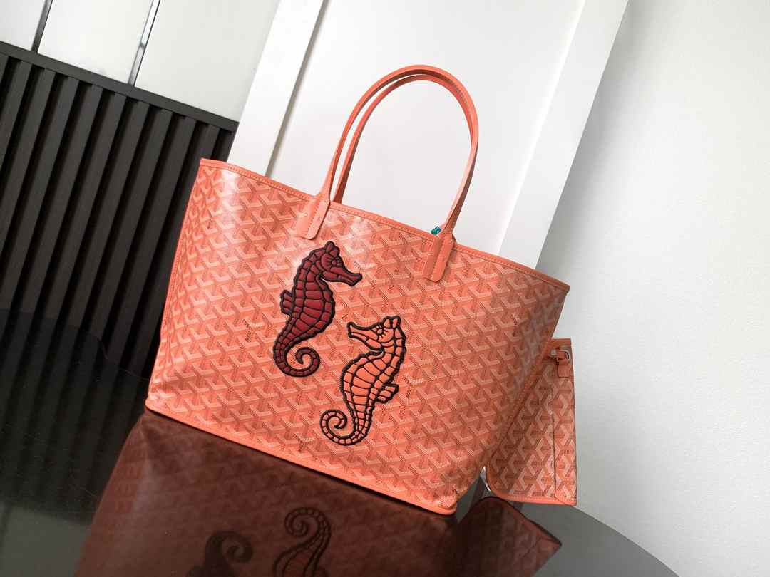 Goyard Anjou PM Tote Bag Goyardine Coral Pink Seahorse Embroidery