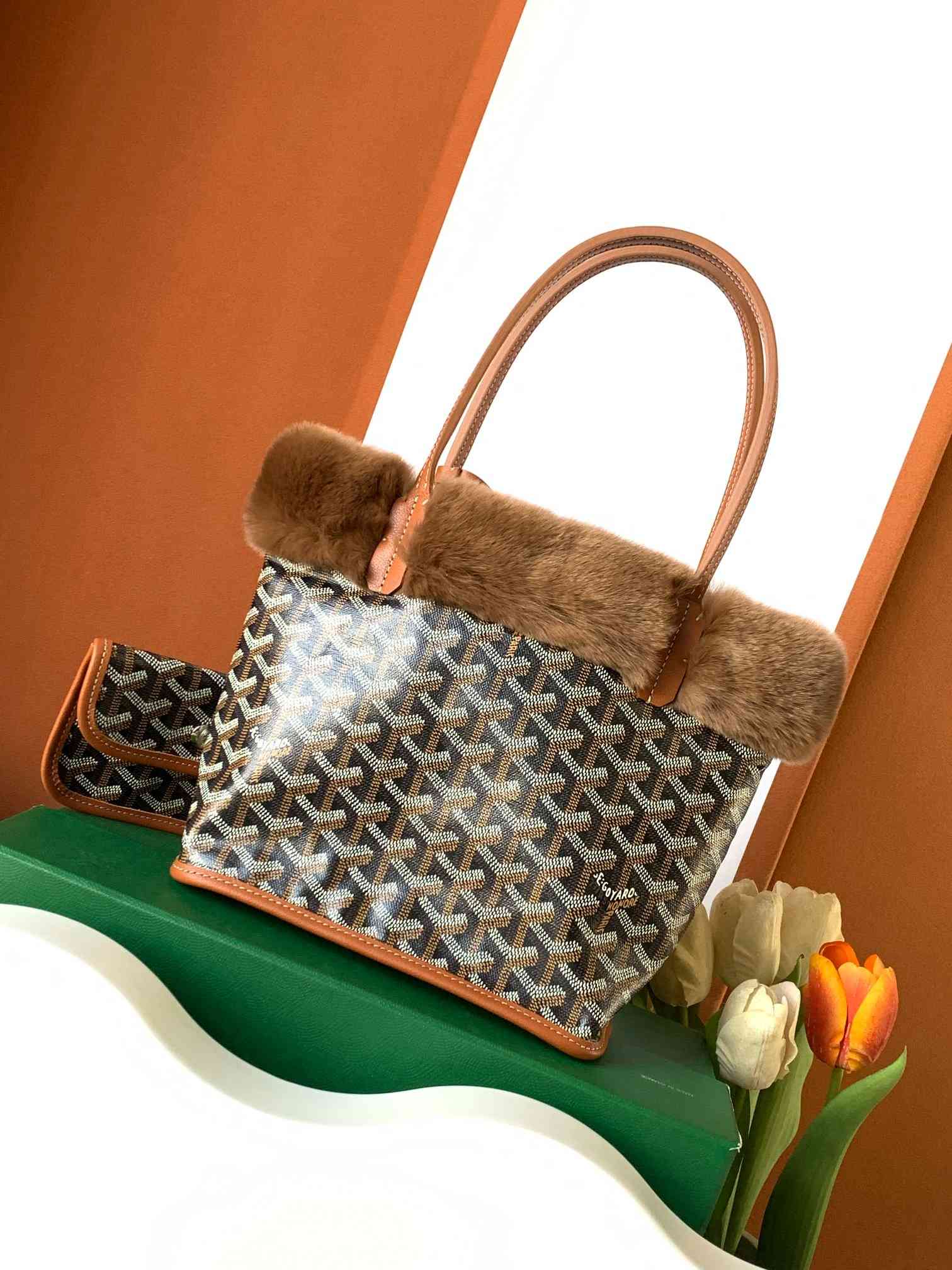 Goyard Rabbit Fur Mini Tote Bag Black & Tan