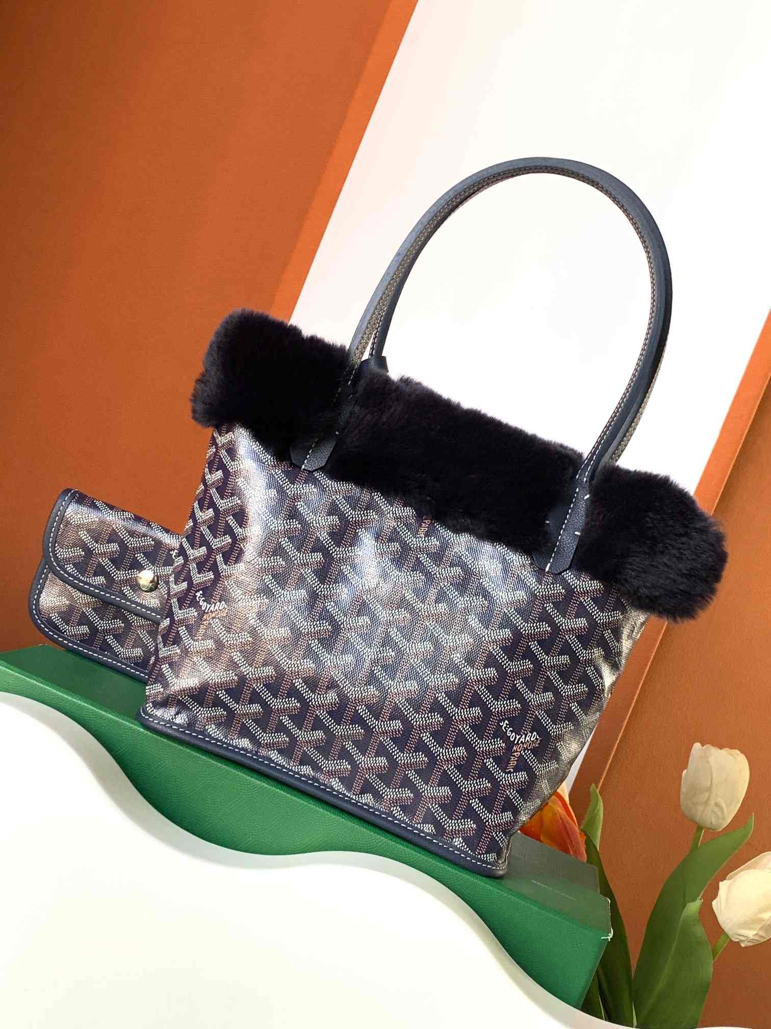 Goyard Rabbit Fur Mini Tote Bag Navy Blue