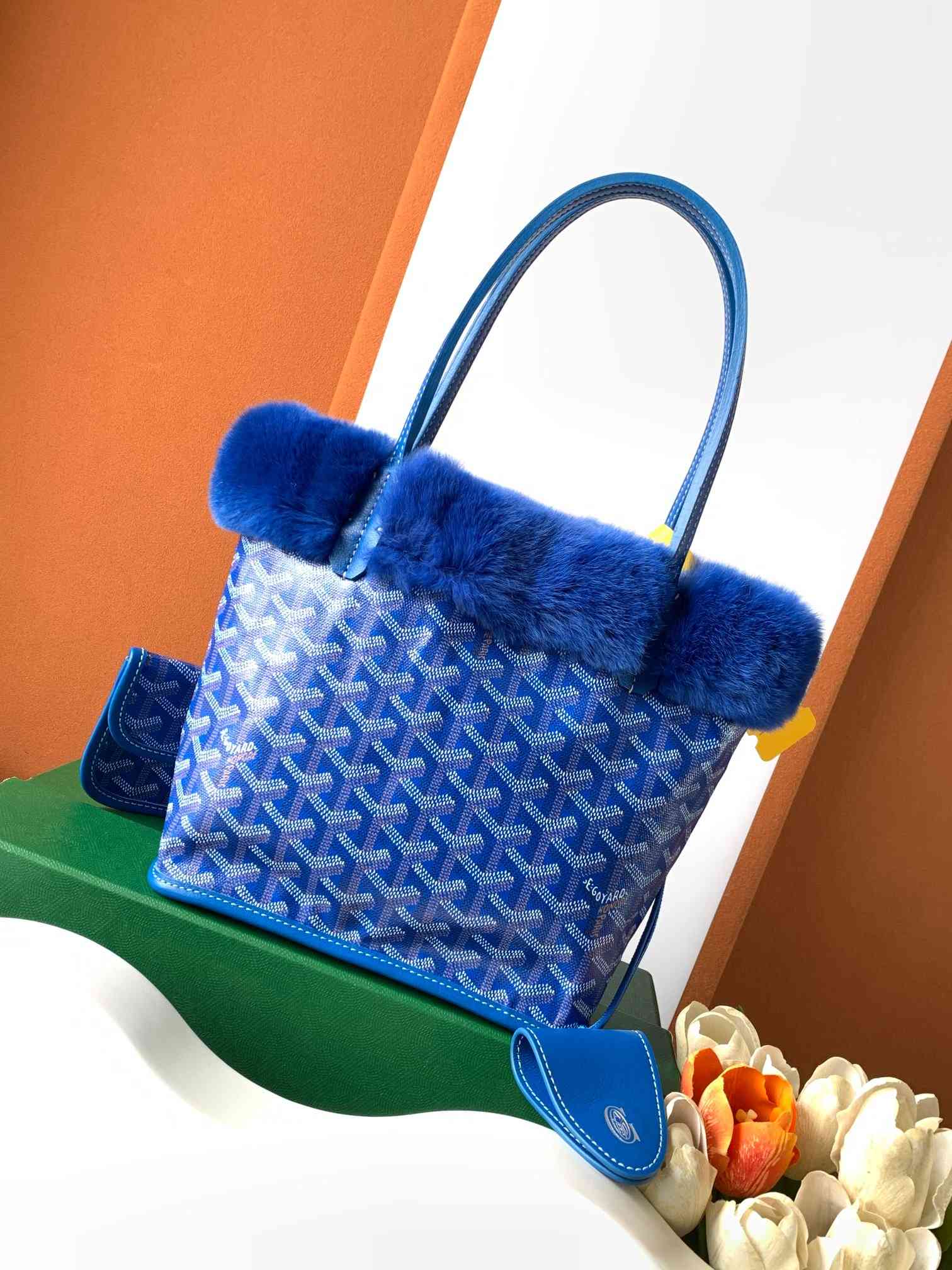 Goyard Rabbit Fur Mini Tote Bag Sky Blue