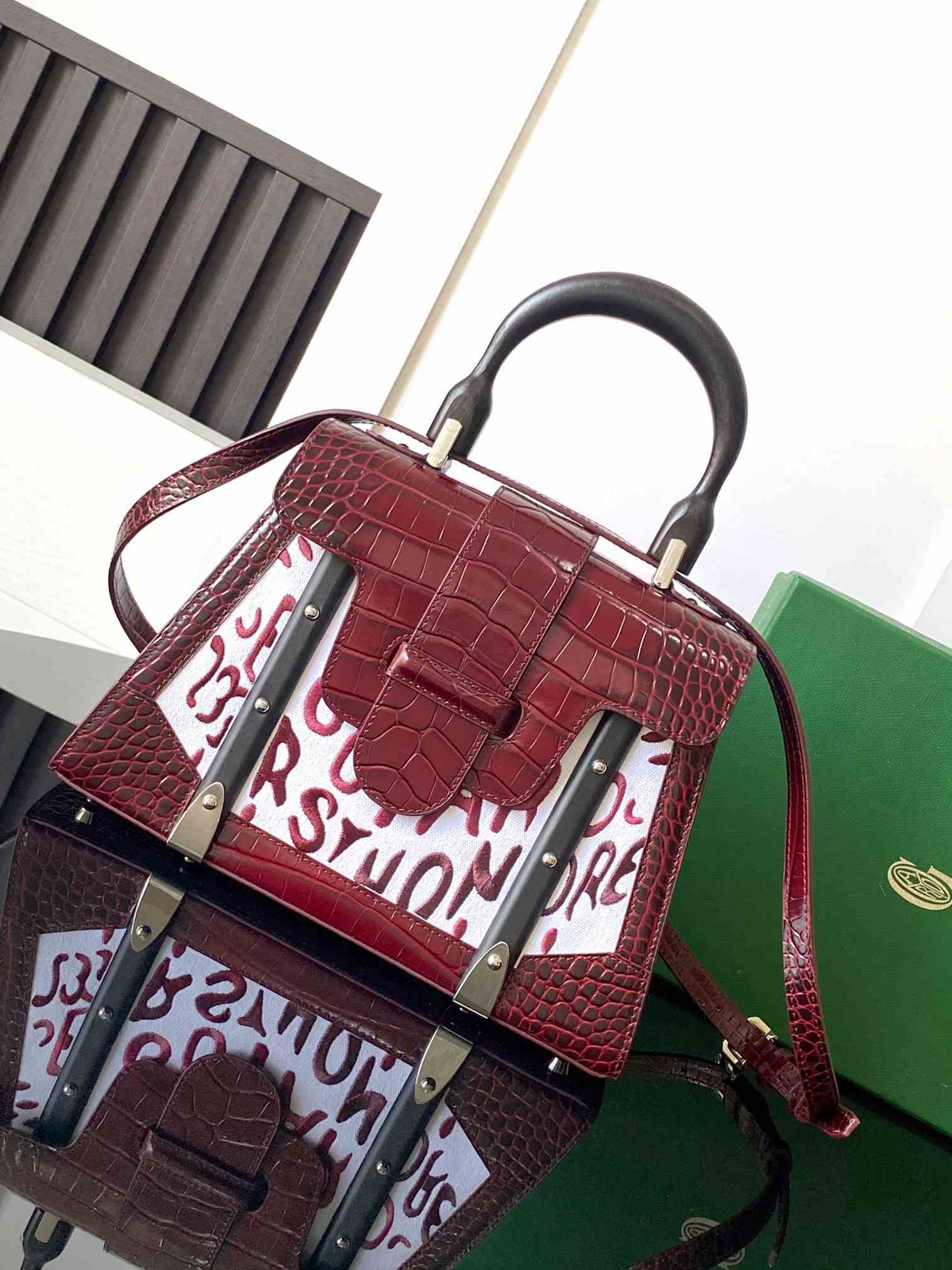 Goyard Saïgon PM Bag Crocodile Leather Embroidered Burgundy