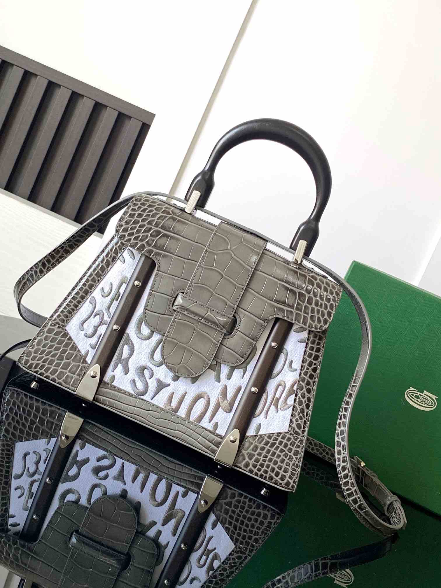 Goyard Saïgon PM Bag Crocodile Leather Embroidered Grey