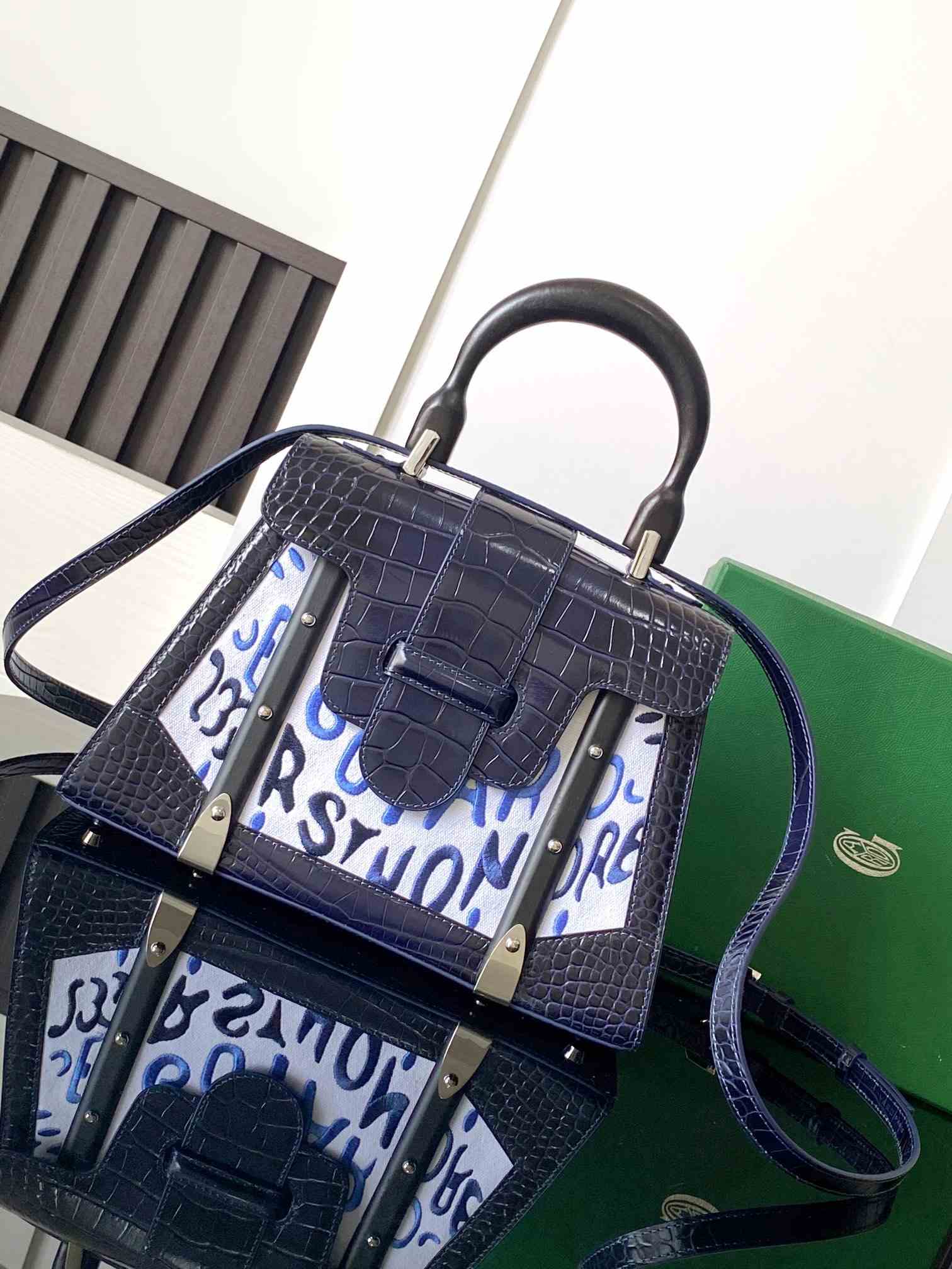 Goyard Saïgon PM Bag Crocodile Leather Embroidered Navy Blue