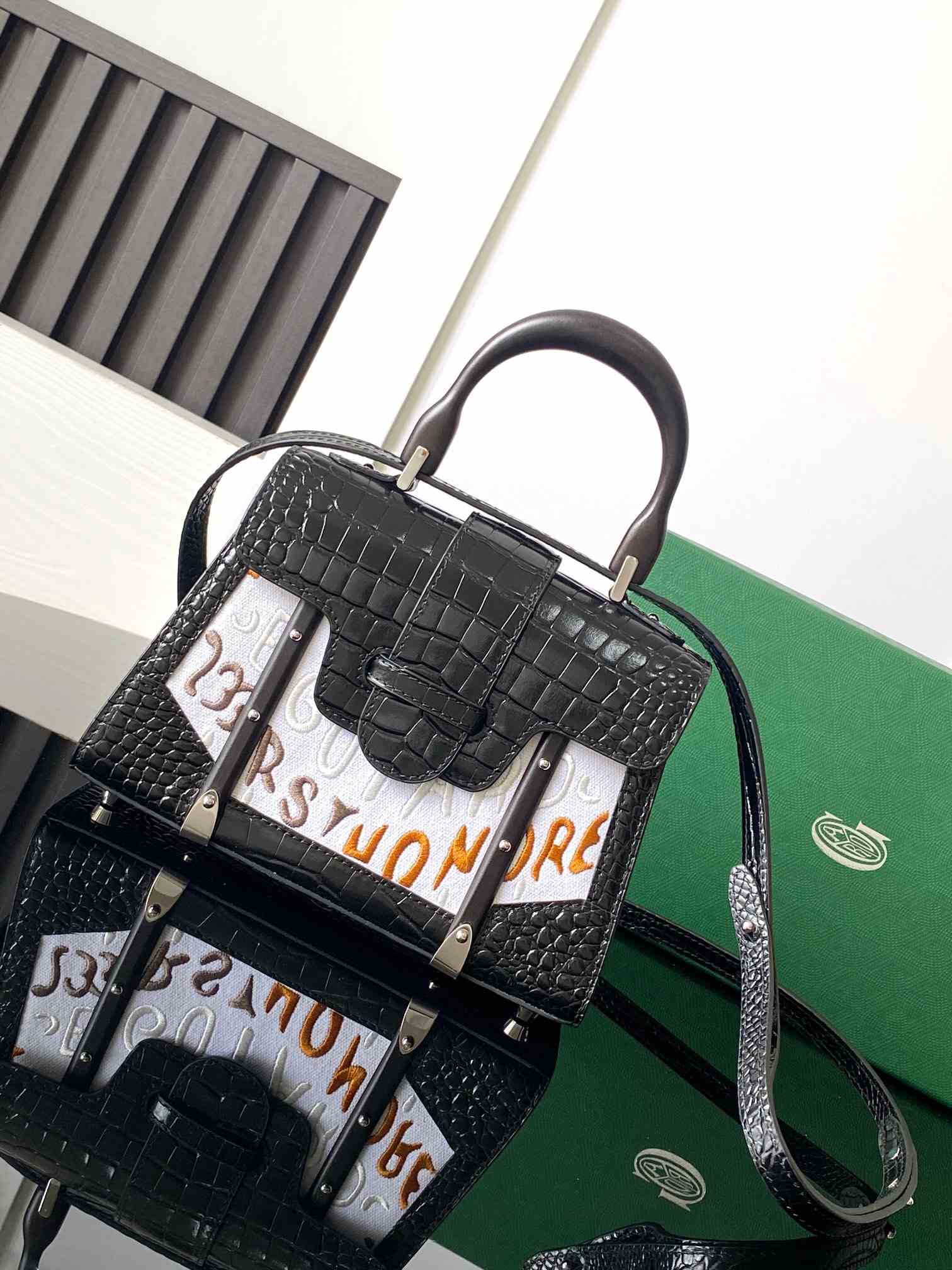 Goyard Saïgon Structuré Mini Bag Crocodile Leather Embroidered Black