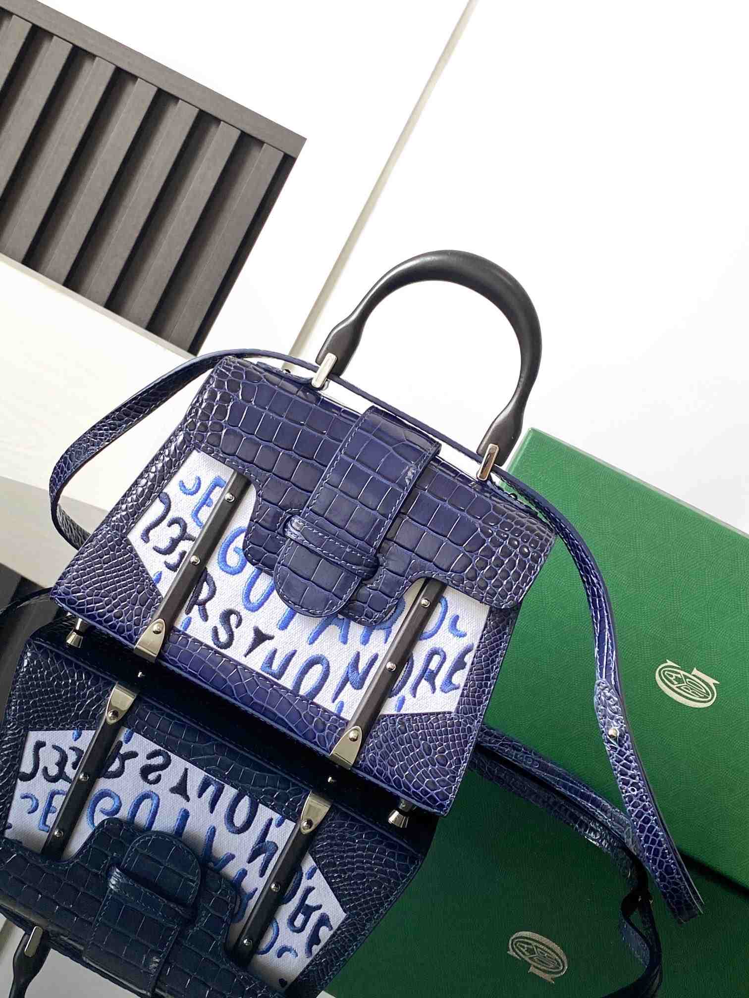 Goyard Saïgon Structuré Mini Bag Crocodile Leather Embroidered Navy Blue
